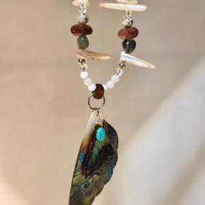 Hand-Carved Shell Wing Pendant Necklace, Natural Stones, Turquoise Accent, Boho Beaded Statement Jewelry