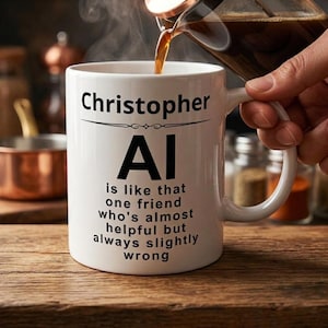 May include: A white ceramic mug with black text that reads: Christopher AI is like that one friend who's almost helpful but always slightly wrong. The mug features a handle and is being filled with a dark liquid from a glass carafe.
