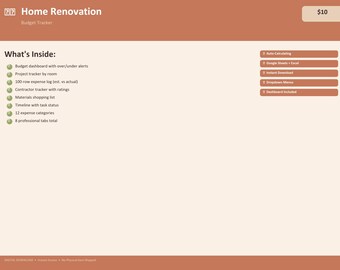2026 Home Renovation Budget Project Tracker Google Sheets - Remodel Expense Planner - Contractor Material Tracker