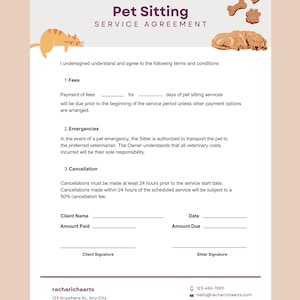 Può includere: Modulo di accordo per il servizio di pet sitting con illustrazioni di un gatto, un cane e dolcetti per cani. Il documento include sezioni per tariffe, emergenze e cancellazioni. Informazioni di contatto per racharichaarts in basso.