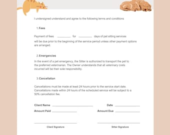 Editable Pet Sitting Contract Template - Professional Service Agreement for Dog Walkers (Instant Download PDF)