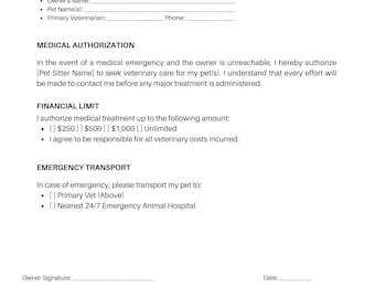 Editable Pet Veterinary Release Form - Emergency Medical Authorization (Instant Digital Download)