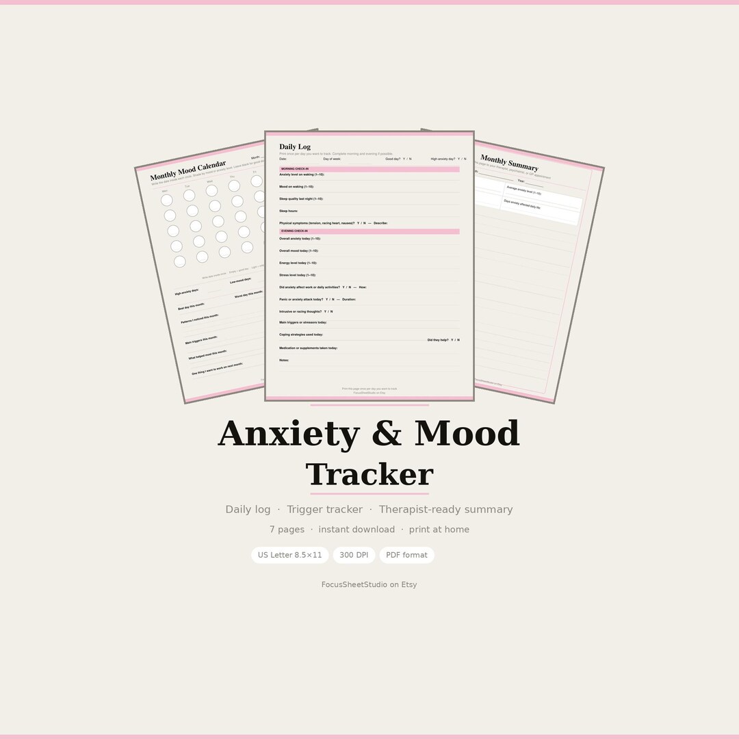 Anxiety and Mood Tracker Printable PDF - Daily Log, Trigger Journal ...