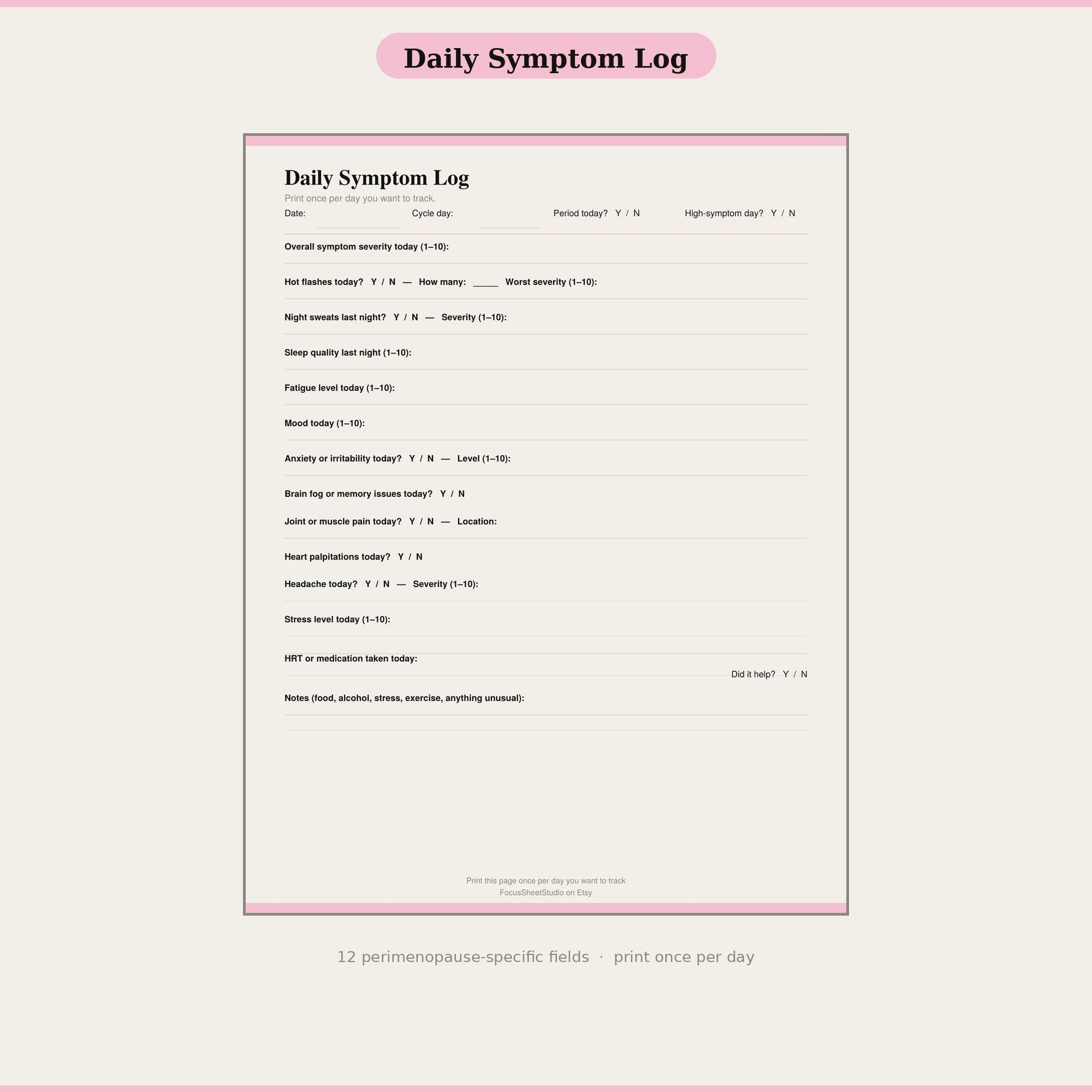 Perimenopause Symptom Tracker Printable PDF - Daily Log, Hot Flash ...