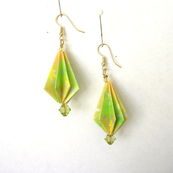 Origami Paper Earrings - Green and Yellow Pinecone Fold Paper Jewelry