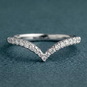 14K Gold Diamond Chevron Ring | Curved Wedding Band Women | V Shape Contour Ring | Diamond Wishbone Stacking Band | Nesting Enhancer Ring