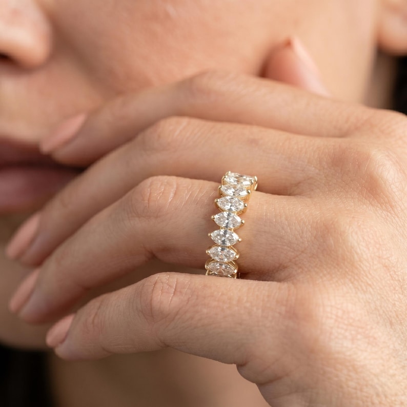 Marquise Cut Lab Diamond Eternity Band 14K Yellow Gold, V Prong Wedding ...