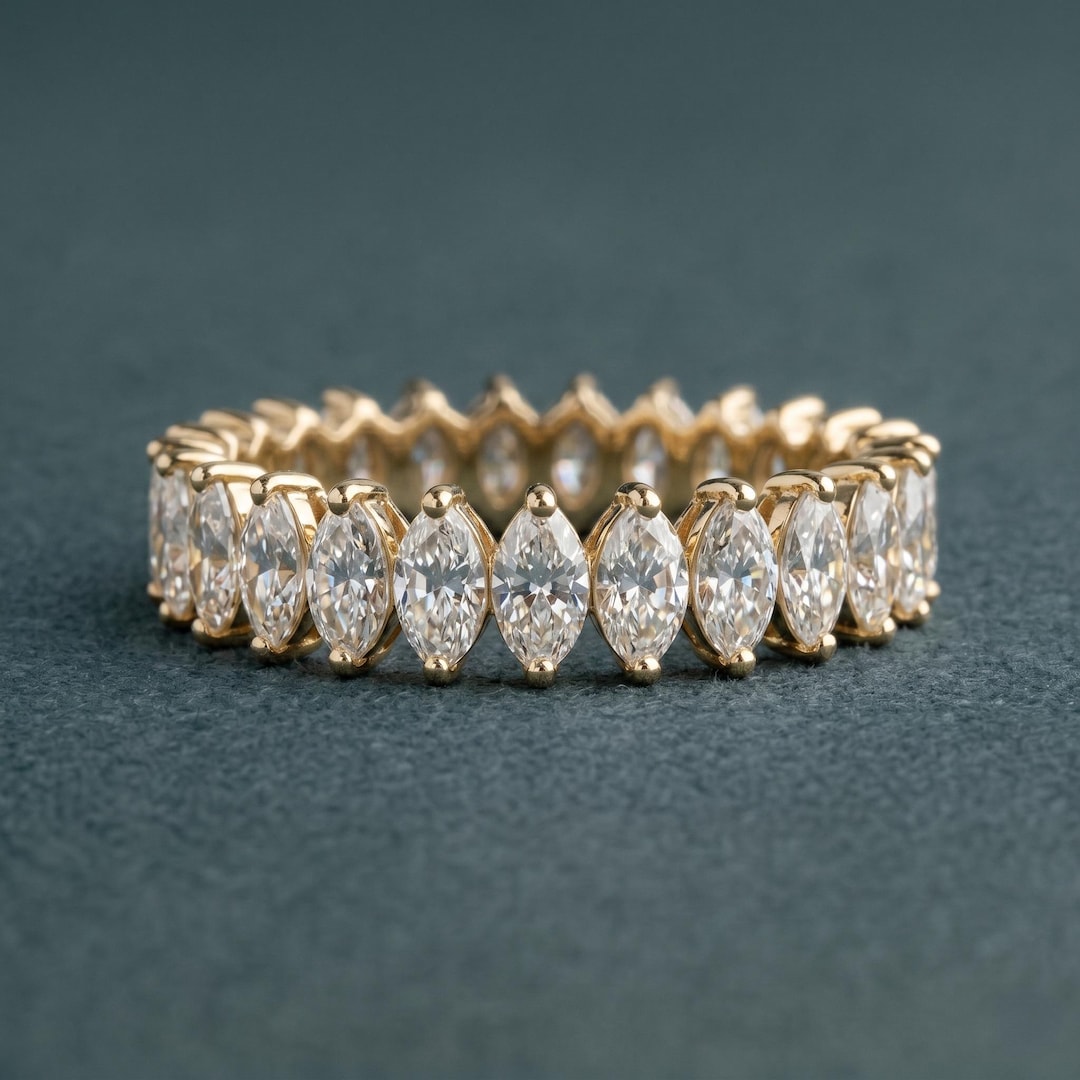 Marquise Cut Lab Diamond Eternity Band 14K Yellow Gold, V Prong Wedding ...