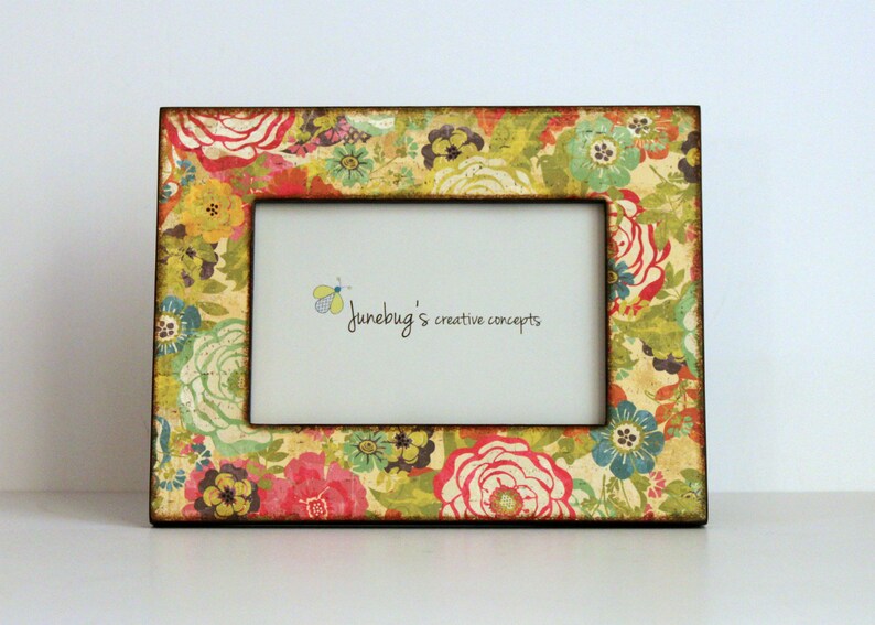 READY TO SHIP 4x6 Bright Vintage Floral Photo Frame Floral Print Frame Pink Green Blue Floral Picture Frame