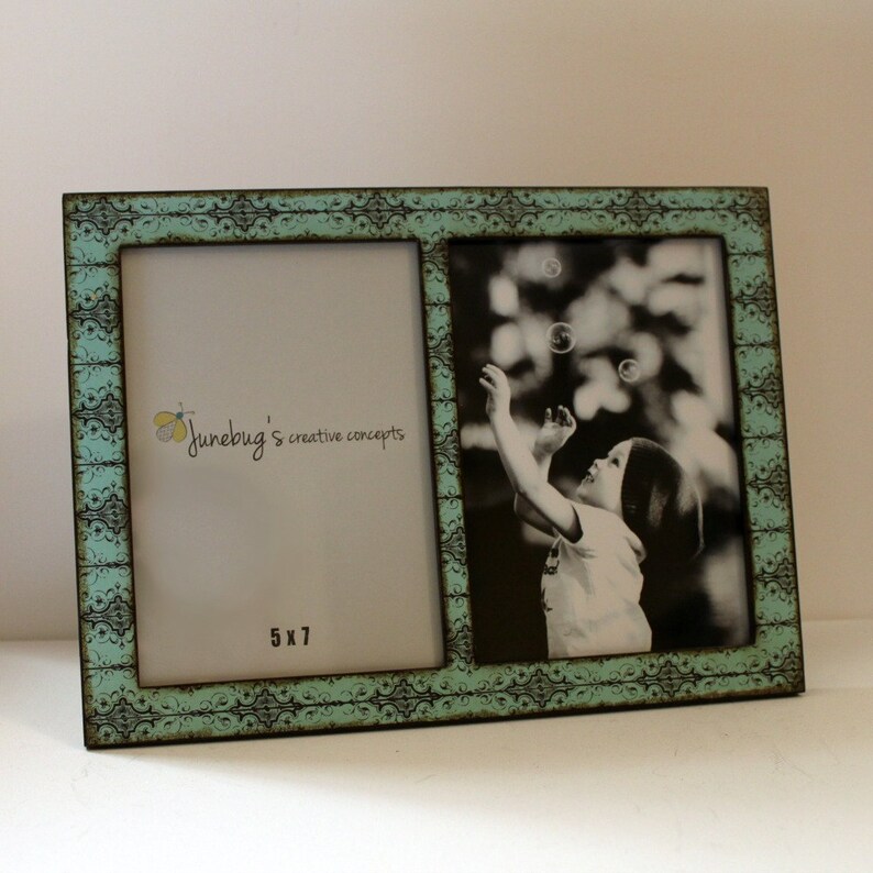Double 4x6 Or 5x7 2 Photo Picture Frame Turquoise Black Scroll