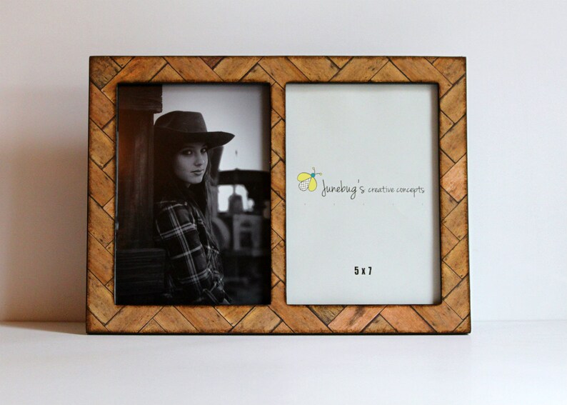 Double 4x6 Or 5x7 Wood Picture Frame Honey Stain Look Chevron Pattern Light