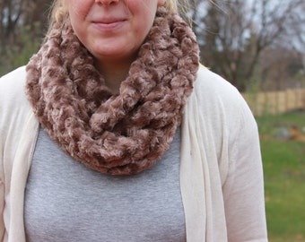 Scarf  Handmade Minky Infinity Scarf - Cozy Super Soft Scarf- Loop Scarf - Mocha Brown Rosette Minky