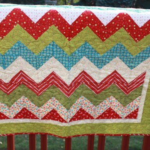 Kids/Baby Quilt&quot;Cheveron Christmas&quot; - Handmade- Red, Aqua and Green