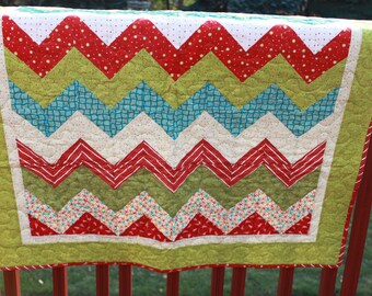 Kids/Baby Quilt"Cheveron Christmas" - Handmade- Red, Aqua and Green