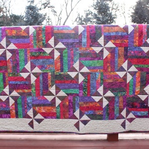Twin Quilt - Pinwheels and Rails- Bright Batik Prints - Handmade Quilt-