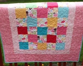 Baby Girl Quilt- "Owls and Bunnies" Handmade Quilt- Pink, Aqua, Yellow and Green