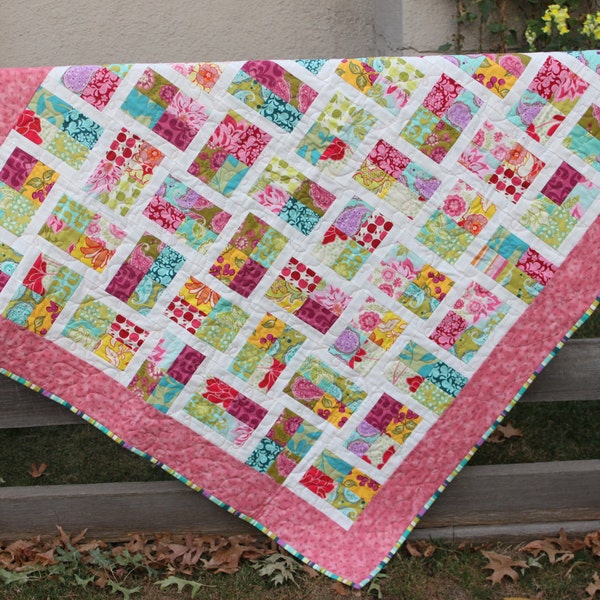 Toddler Quilt - Girl- Pink Turquoise Green - Reversible -