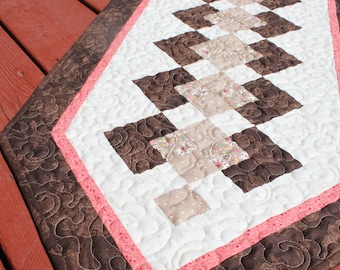 TableRunner- Dark Chocolate with Light Pink- Handmade quilt