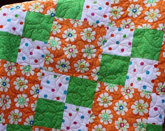 Baby Quilt - 3 Ring Circus - Moda- Bright Orange Green Flower Print - Minking Polka dot Backing - Handmade Kids Quilt