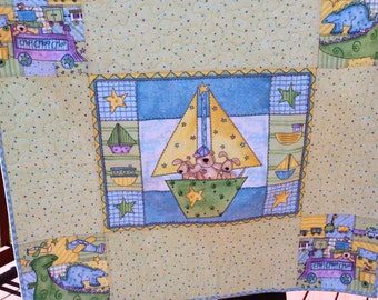 Baby Quilt- Flannel Bears and Puppies in a Sailboat - Animal Quilt - Handmade Quilt-