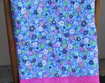 Dancing Daisies- Baby quilt-Blue Pink and White- Minky backing