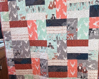 Kids Wildlife Quilt - rust, mint, and coral