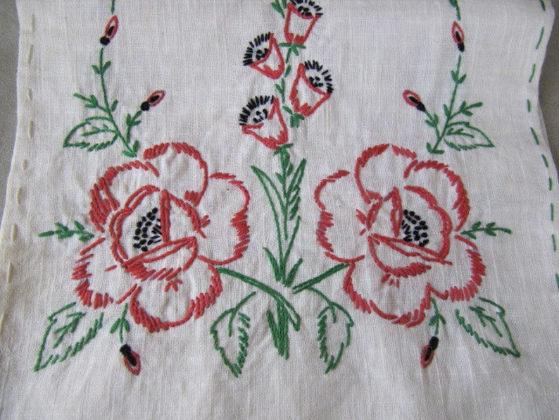 Vintage linen embroidered table scarf red roses