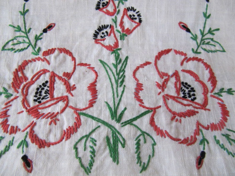 Vintage linen embroidered table scarf red roses