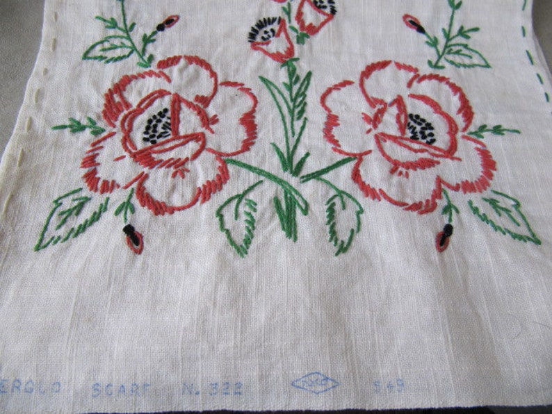 Vintage linen embroidered table scarf red roses