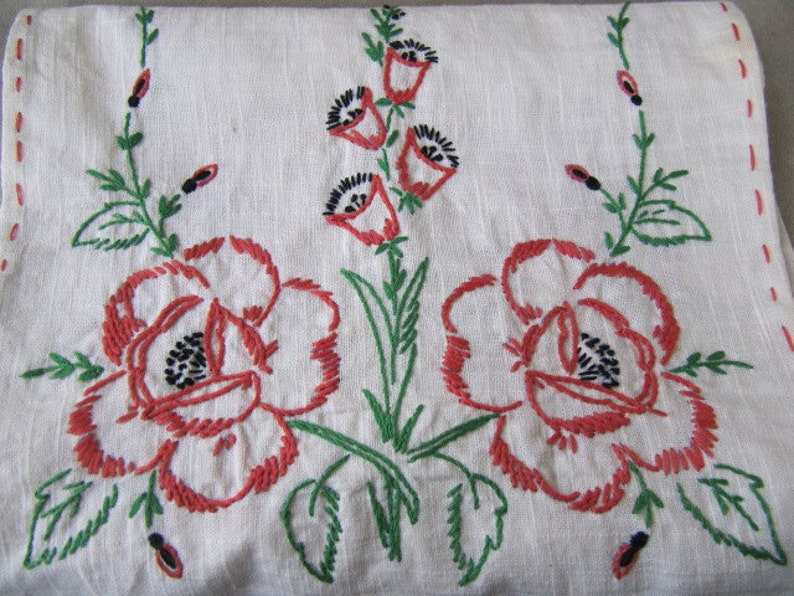 Vintage linen embroidered table scarf red roses