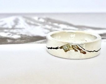 Mount Rainier Summit Ring | 6mm Band | Mountain Wedding Ring | Gemstone Inlay Mountain Band | Rainier Mountain Wedding Ring