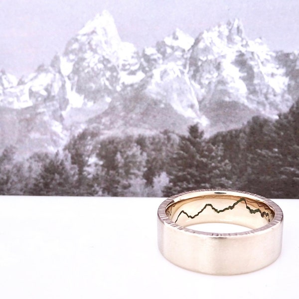 Teton Hidden Mountain Inlay Ring | 8mm Teton Wedding Band | Gemstone Inlay Mountain Band | Teton Mens Ring | Teton Mountain Band