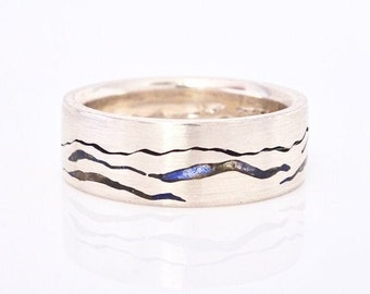 Sea to Sky Mountain Ring | Gemstone Inlay Landscape Ring | Gemstone Inlay Mountain Band | Inlay Platinum Mens Band | Womens Inlay Gold Band