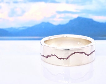 Custom Mountain Ring with personalized Mountain and Gem Stone Inlay | Gemstone Inlay Mountain Band | Anniversary Ring | Mens Wedding Band