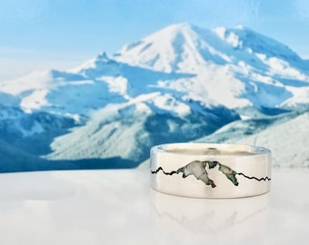 Mount Rainier Summit Ring | 8mm Mountain Band | Mount Rainier Wedding Ring | Platinum Wedding Band | Mountain Inlay Ring | Mountain Ring