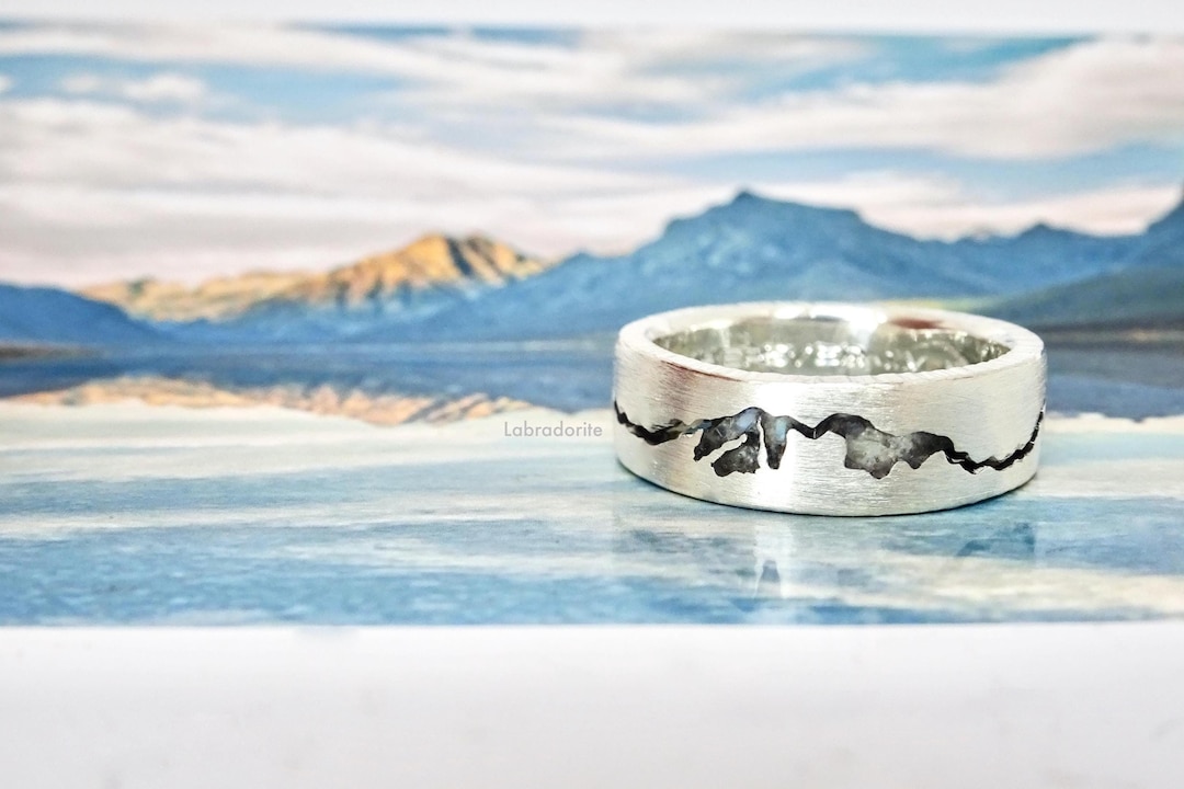 Custom Summit Mountain Ring With Gemstone Inlay,mountain Wedding Band ...
