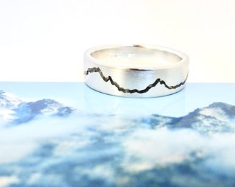 Custom Mountain Ring with personalized Mountain and Gem Stone Inlay | Gemstone Inlay Mountain Band | Anniversary Ring | Mens Wedding Band