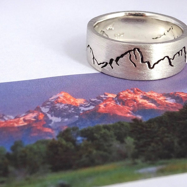 Teton Landscape Mountain Ring | Tetons Jewelry | Mountain Ring for Men | Mountain Wedding Band Women | Gold Alternative Wedding Band