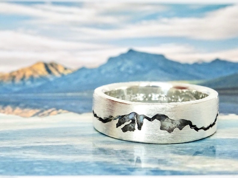 Summit Mountain-inlegring Berg trouwring Platina bergring Mountain Inlay Band Goud Zilveren berg trouwring afbeelding 1