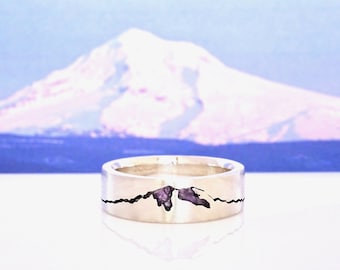Mount Hood topring | Hood bergring | Berg trouwringen | Stenen inlegring | Mount Hood trouwring | PDX-ring | Aangepaste gouden ring