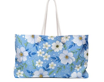 Borsa da weekend con motivo floreale blu / Borsa da spiaggia con margherite bianche