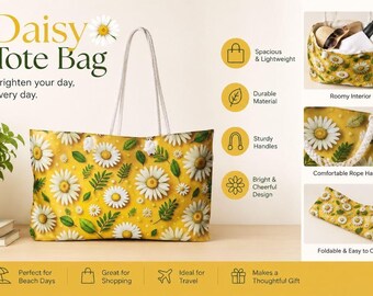 Borsa da weekend con motivo a margherite / Borsa tote gialla con fiori, borsa da spiaggia estiva