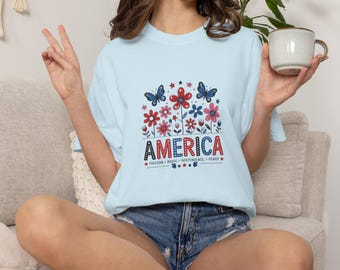 America Floral Graphic T-Shirt — Patriotic 4th of July Tee