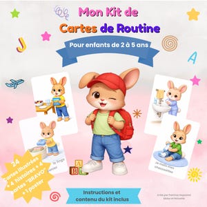 Puede incluir: Un kit de tarjetas de rutina para niños de 2 a 5 años, con un personaje de conejo de dibujos animados con gorra roja y mochila. El kit incluye tarjetas ilustradas, cuentos y un póster. Incluye frases como "Je mets mes chaussettes".