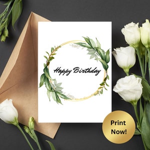 Juego de 4 tarjetas de felicitación de 5 x 7 listas para imprimir; Feliz cumpleaños, mejórate, hola y gracias en Wreath Design
