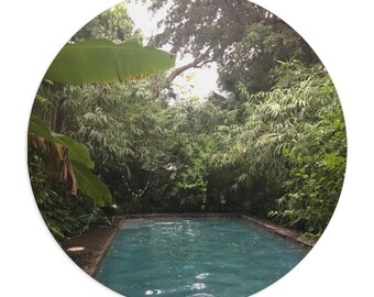 Tropical Pool Scene Mouse Pad | Jungle Foliage, Blue Water, Relaxing Vibe