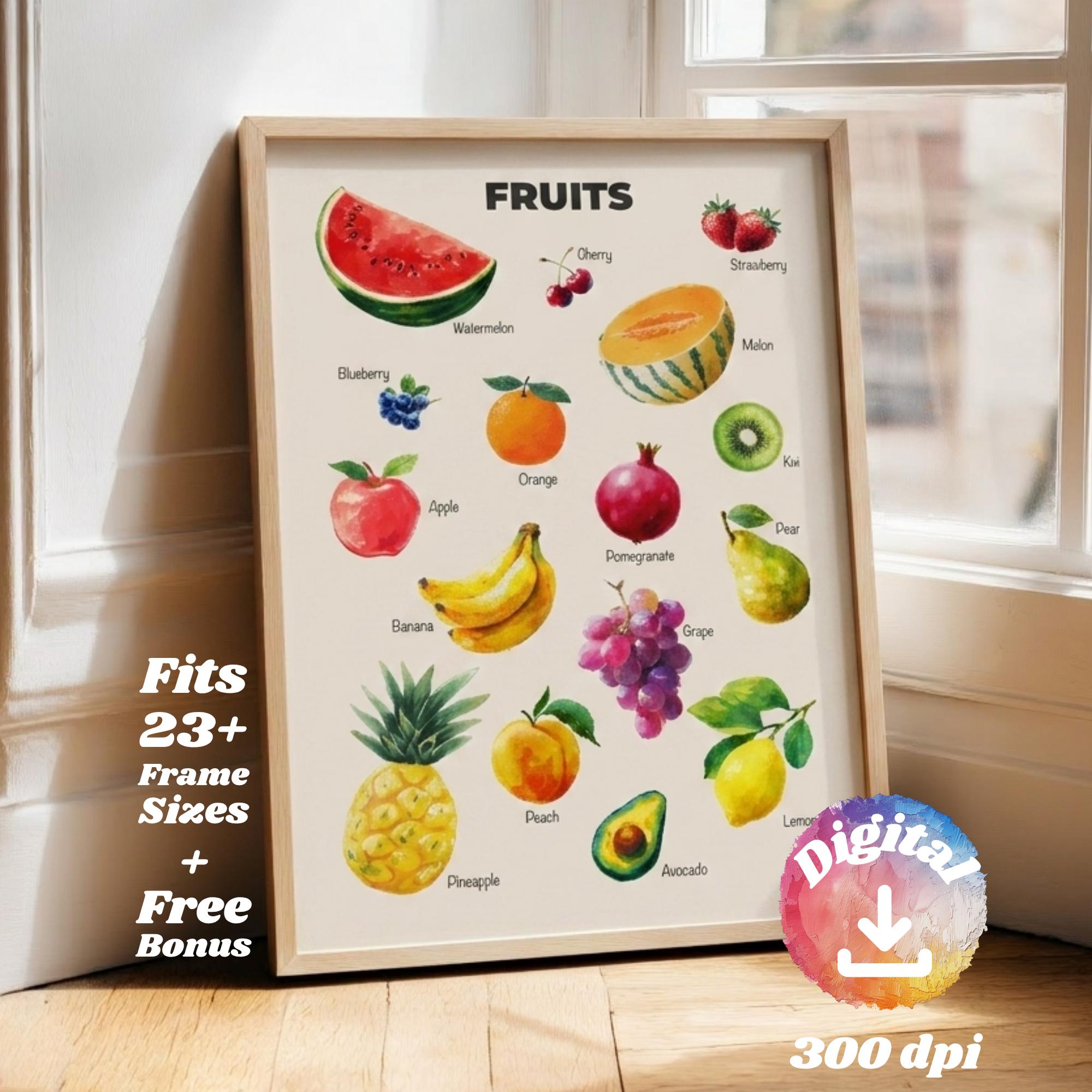 Fruits Educational Poster Printable, Watercolor Montessori Wall Art ...