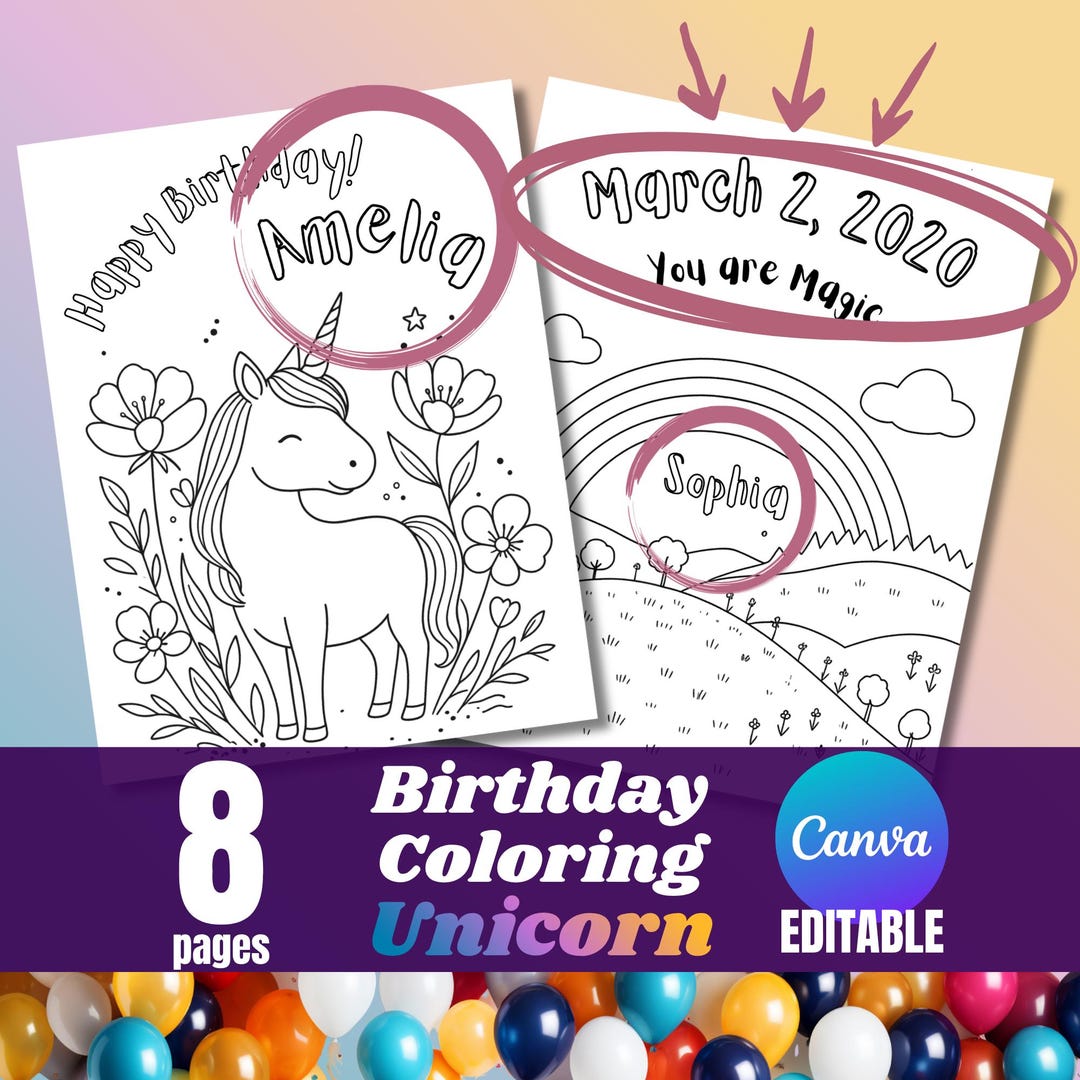 Editable Unicorn Birthday Coloring Pages for Kids, 8 Personalized Canva ...