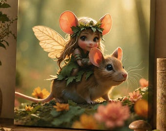 Fairy Riding Mouse Canvas Art Print – Whimsical Cottagecore Fantasy Decor