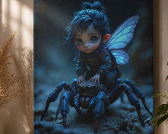 Fairy Riding Spider Canvas Wall Art Dark Fantasy Decor Gothic Whimsical Bedroom Nursery Art